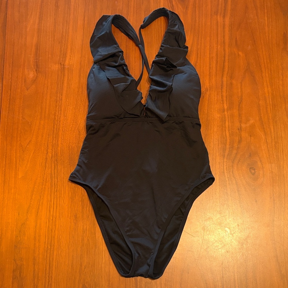 Shade & Shore Black Ruffle One-Piece Swimsuit